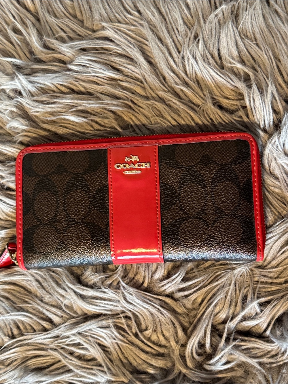 Coach Brown Signature Zip Wallet with Red Trim